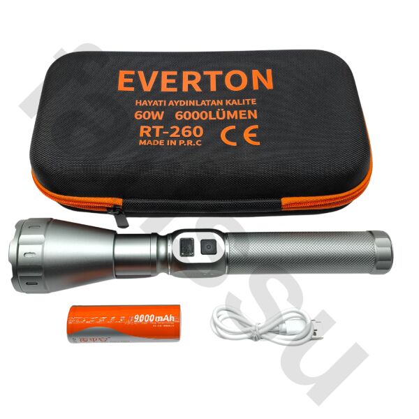 Everton RT-260 60W 6000 Lümen Ultra Güçlü Şarjlı El Feneri - 2 KM Menzilli, Zoomlu, Çantalı Tam Set