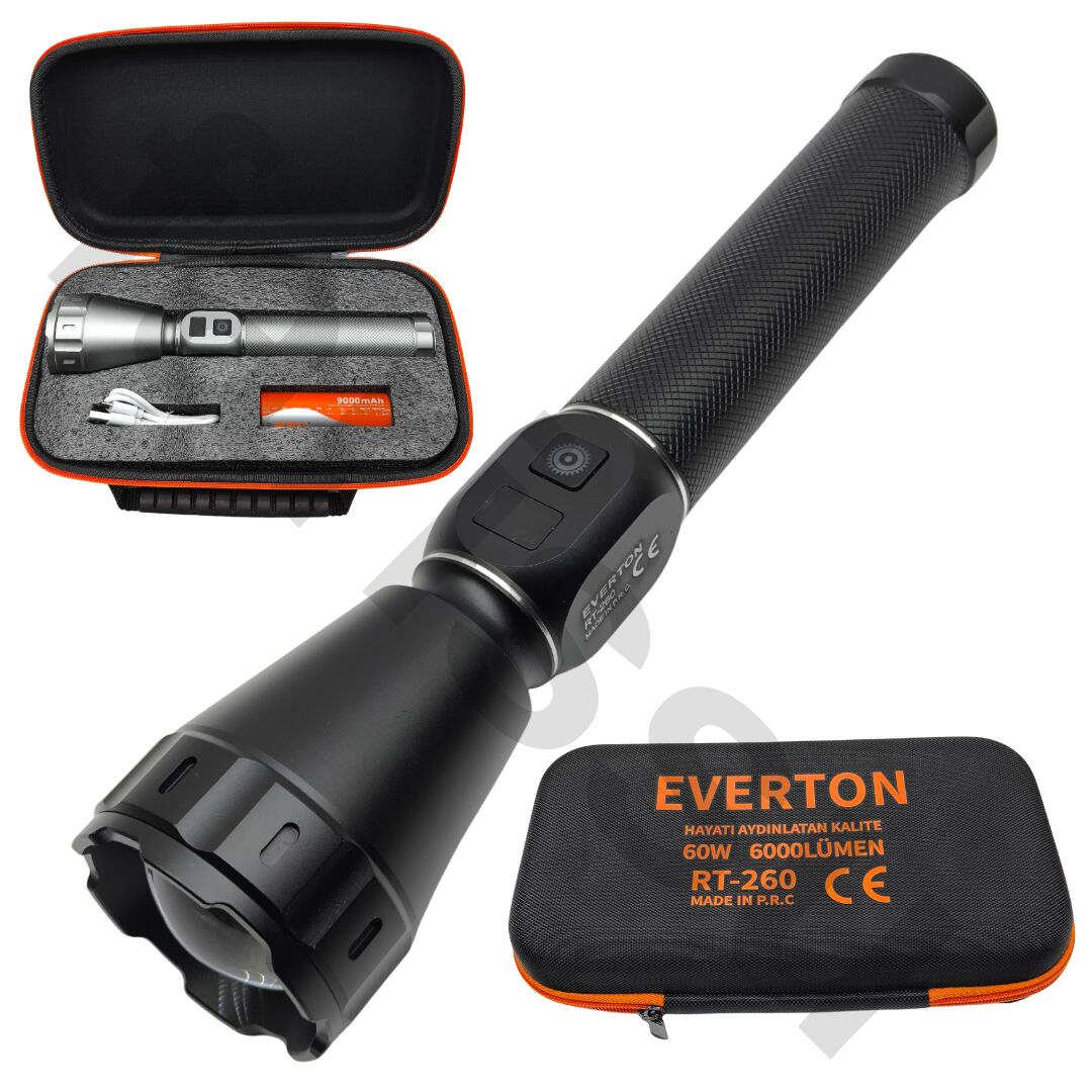 60W 6000 Lümen Profesyonel Şarjlı El Feneri - 2 KM Menzilli, Zoom Özellikli, Özel Çantalı Full Set