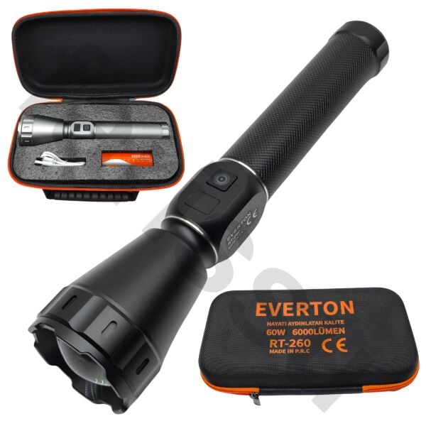 60W 6000 Lümen Profesyonel Şarjlı El Feneri - 2 KM Menzilli, Zoom Özellikli, Özel Çantalı Full Set
