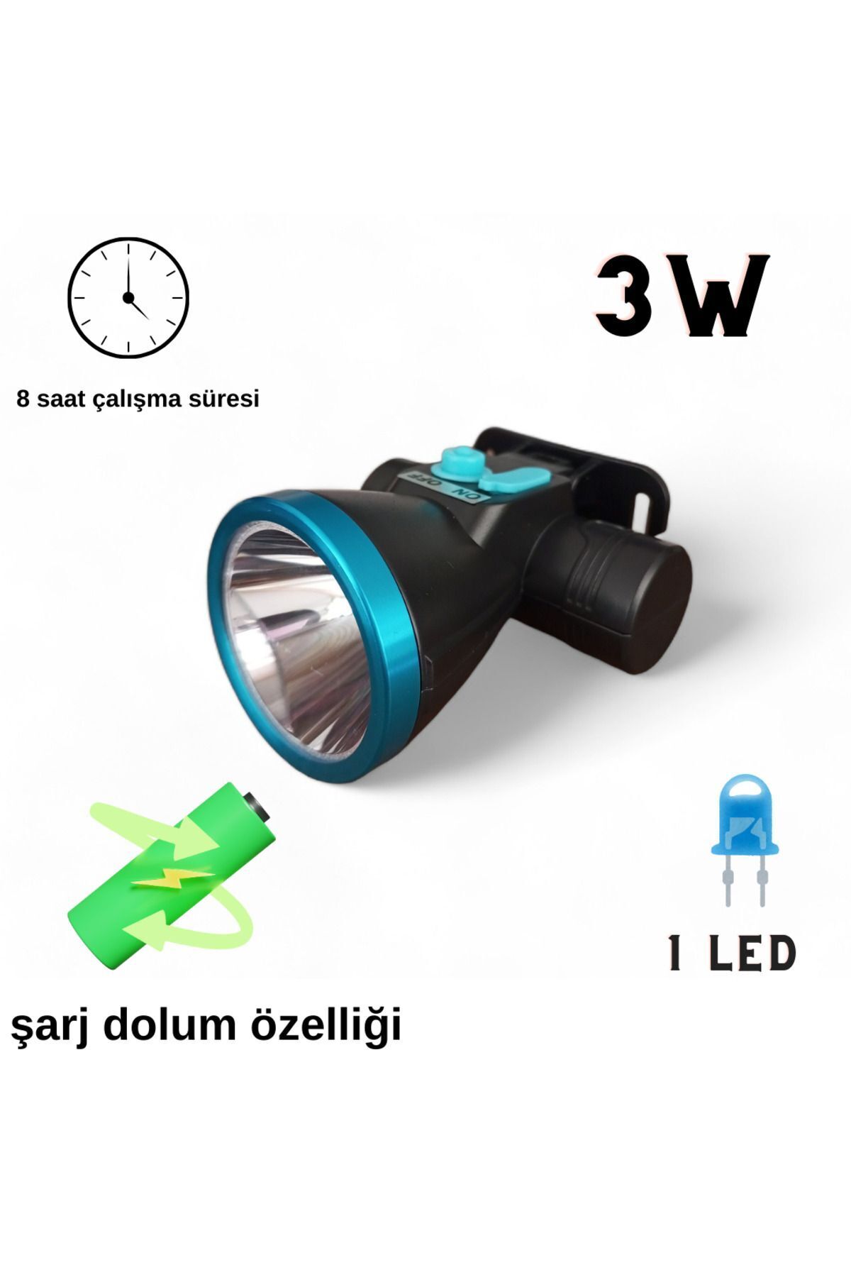 Ultra Güçlü 8 Saat Çalışma Süreli Lityum Pilli 3w 1 Led Kafa Fener
