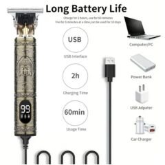 gold tech Led Ekranlı Çelik Kasa Profesyonel T-bıçak Saç Sakal, Ense Çizim Tıraş Makinesi