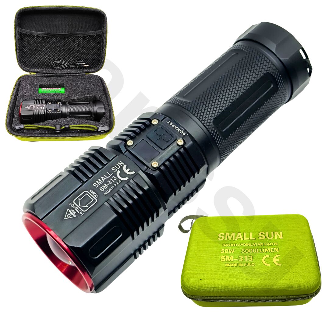 SM-313 50W 5000 Lümen Profesyonel Şarjlı El Feneri - 1.5 KM Menzilli & 7200 mAh Güçlü Batarya Seti