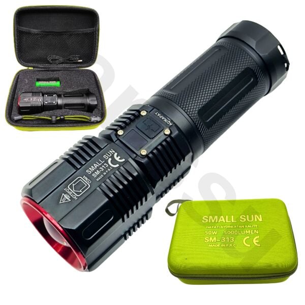 SM-313 50W 5000 Lümen Profesyonel Şarjlı El Feneri - 1.5 KM Menzilli & 7200 mAh Güçlü Batarya Seti
