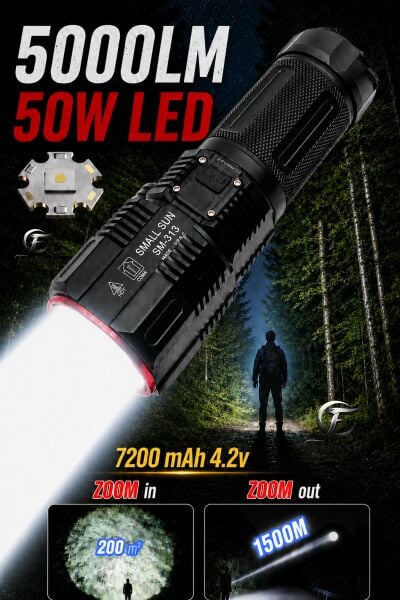 SM-313 50W 5000 Lümen Profesyonel Şarjlı El Feneri - 1.5 KM Menzilli & 7200 mAh Güçlü Batarya Seti