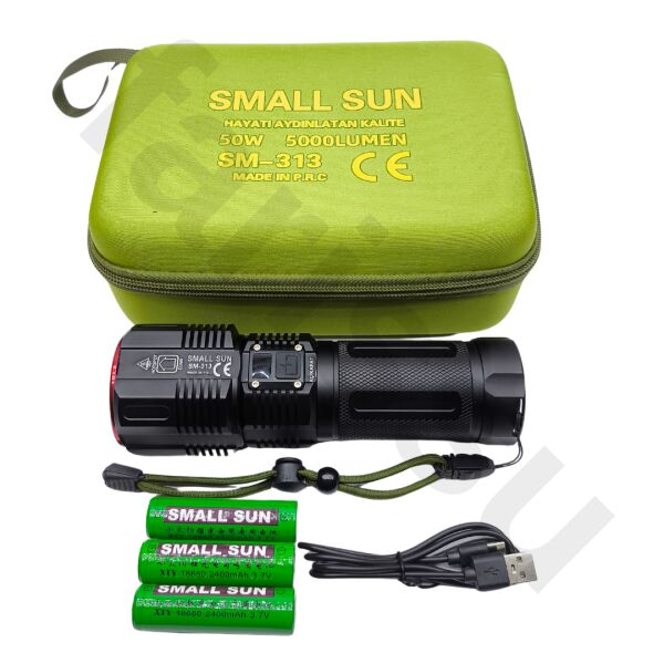 SM-313 50W 5000 Lümen Profesyonel Şarjlı El Feneri - 1.5 KM Menzilli & 7200 mAh Güçlü Batarya Seti
