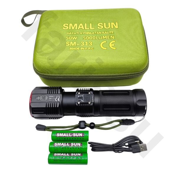 SM-313 50W 5000 Lümen Profesyonel Şarjlı El Feneri - 1.5 KM Menzilli & 7200 mAh Güçlü Batarya Seti