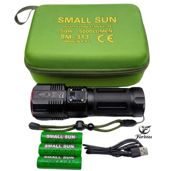 SM-313 50W 5000 Lümen Profesyonel Şarjlı El Feneri - 1.5 KM Menzilli & 7200 mAh Güçlü Batarya Seti