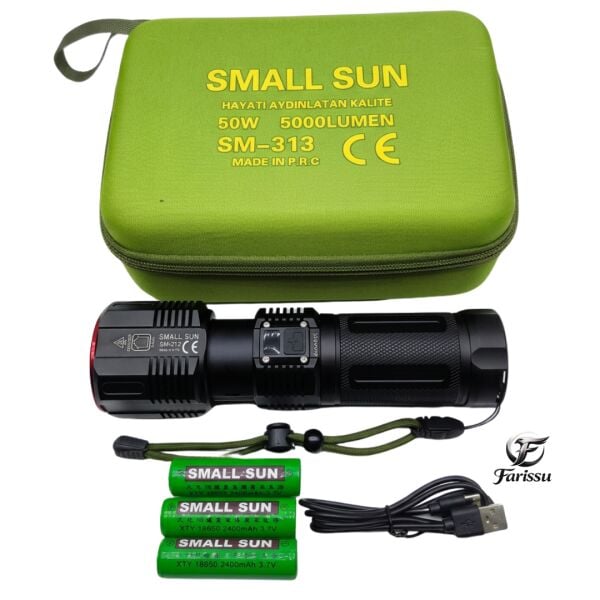 SM-313 50W 5000 Lümen Profesyonel Şarjlı El Feneri - 1.5 KM Menzilli & 7200 mAh Güçlü Batarya Seti