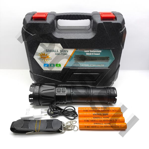 Small Sun SM-T260 60W 6000 Lümen Ultra Güçlü Şarj Edilebilir El Feneri - 19200 mAh Dev Batarya & 3KM Menzil