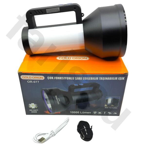 OR-077 200W 10000 Lümen Şarj Edilebilir Profesyonel El Feneri ve Kamp Lambası - 1 KM Menzilli
