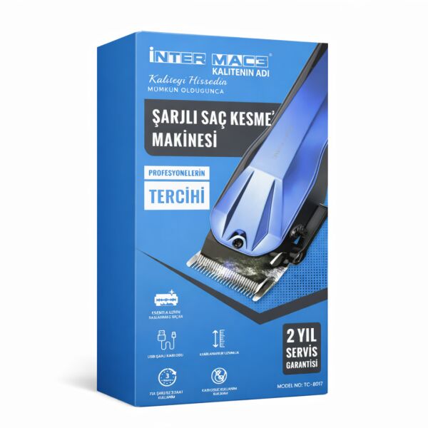 Inter Mac3 TC-8017 Profesyonel Şarjlı Saç Kesme Makinesi - 2000mAh Güçlü Batarya - 6 Taraklı Full Set