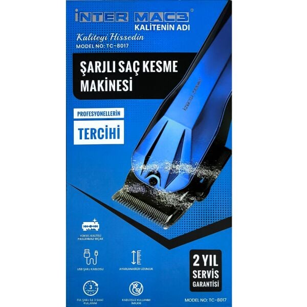 Inter Mac3 TC-8017 Profesyonel Şarjlı Saç Kesme Makinesi - 2000mAh Güçlü Batarya - 6 Taraklı Full Set