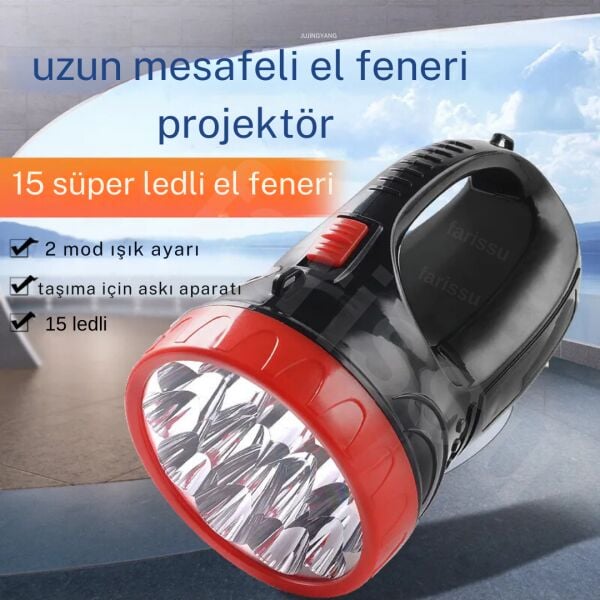 Uzun Mesafeli 15 Ledli Şarjlı El Feneri GK7775 - Kamp, Avcı, Balıkçı Feneri, Çadır Lambası