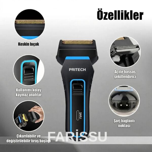 Pritech RF-1310 Şarjlı Sakal Tıraş Makinesi - Yedek Bıçaklı, Islak & Kuru Kullanım, 115g Hafif Tasarım