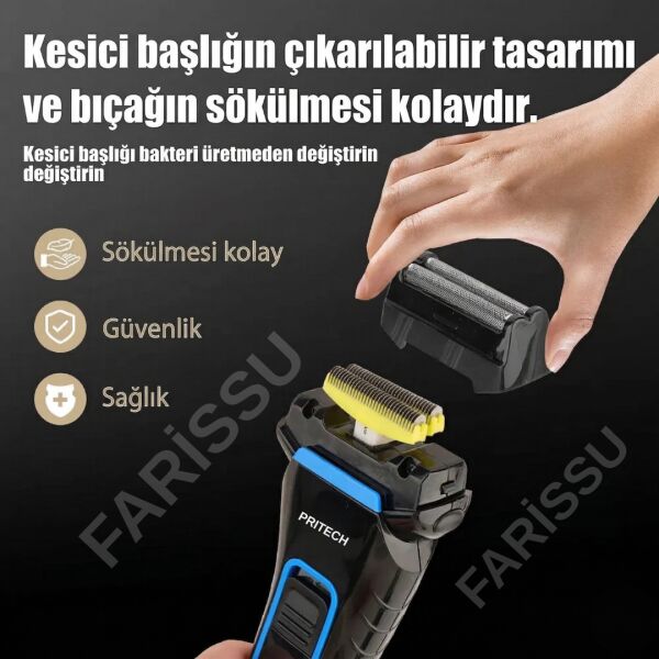 Pritech RF-1310 Şarjlı Sakal Tıraş Makinesi - Yedek Bıçaklı, Islak & Kuru Kullanım, 115g Hafif Tasarım