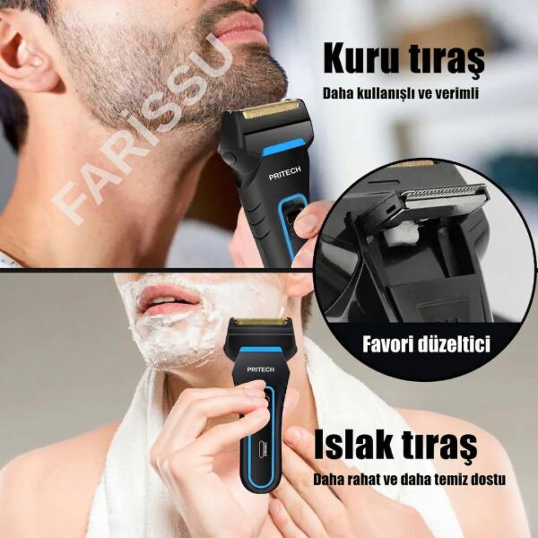 Pritech RF-1310 Şarjlı Sakal Tıraş Makinesi - Yedek Bıçaklı, Islak & Kuru Kullanım, 115g Hafif Tasarım