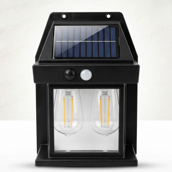 Solar Güneş Enerjili Hareket Sensörlü Bahçe Duvar Apliği - Retro Çift Edison Flamanlı LED