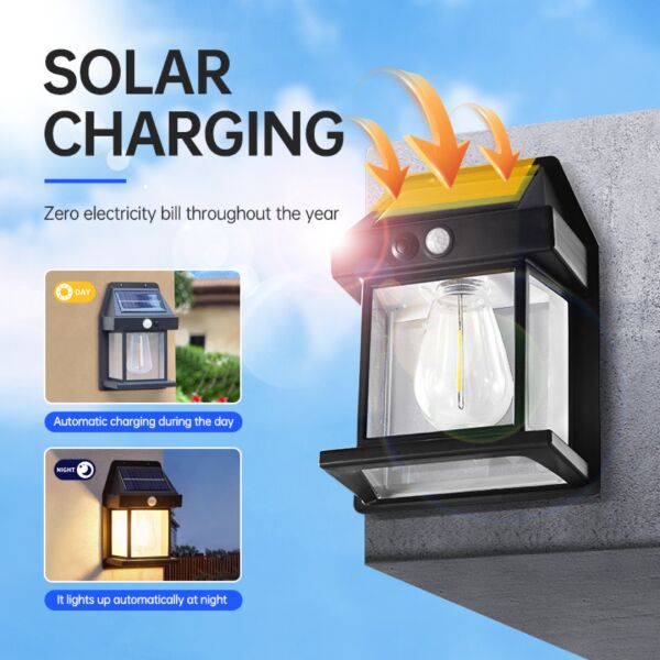 Solar Güneş Enerjili Hareket Sensörlü Bahçe Duvar Apliği - Retro Çift Edison Flamanlı LED