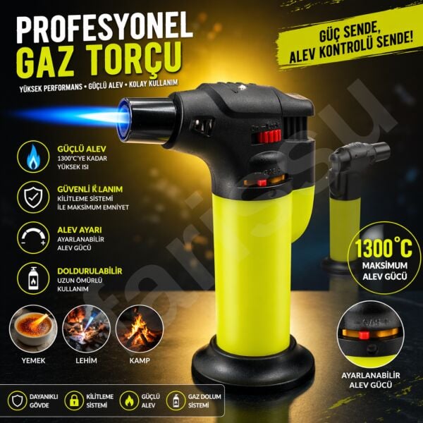 1300 Derece Yüksek Isılı Gaz Torçu - Emniyet Kilitli ve Ayarlanabilir