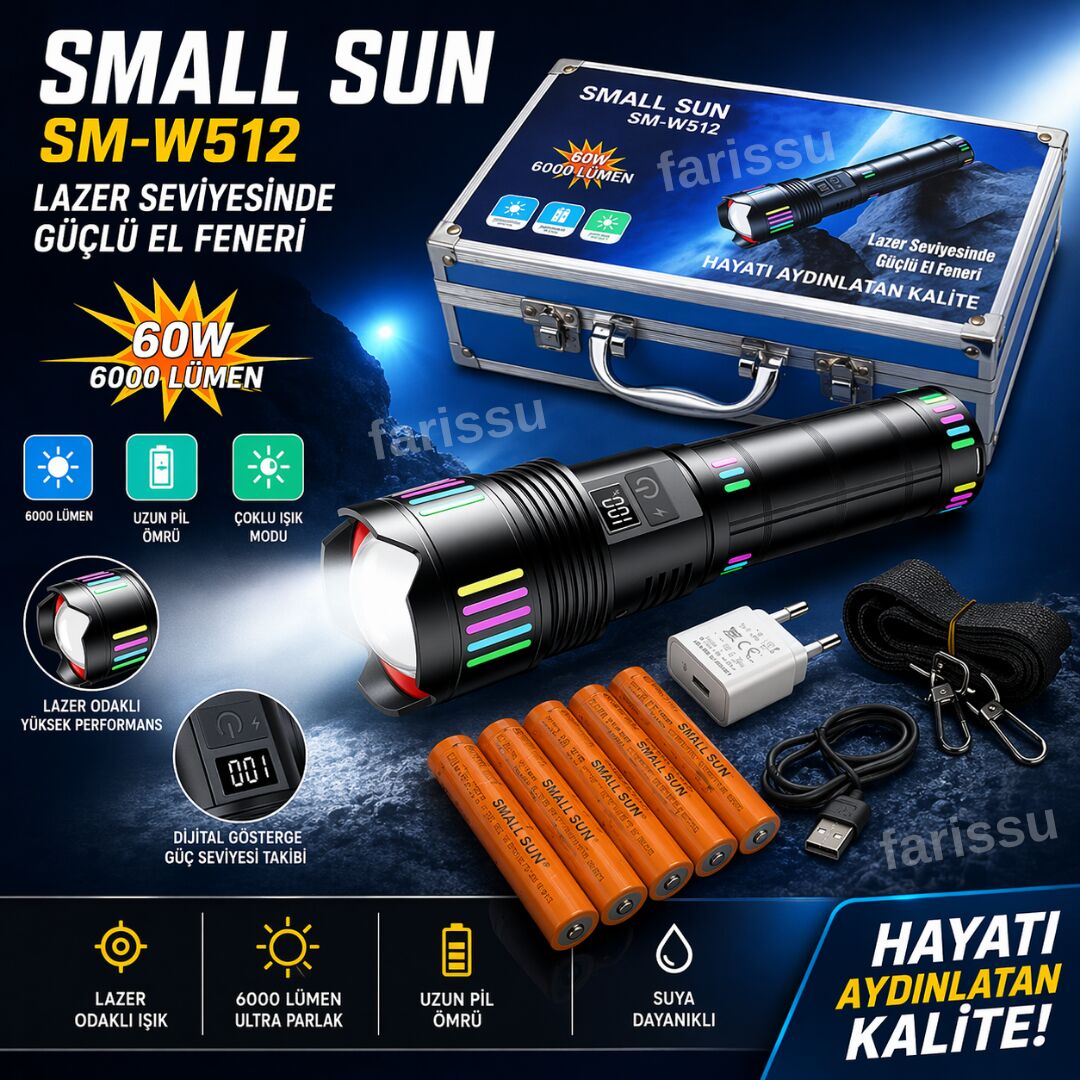 60W 6000 Lümen Şarjlı El Feneri - 2 KM Menzilli, 19200 mAh Dev Pil Kapasitesi, Zoom Özellikli Lazer Odaklı
