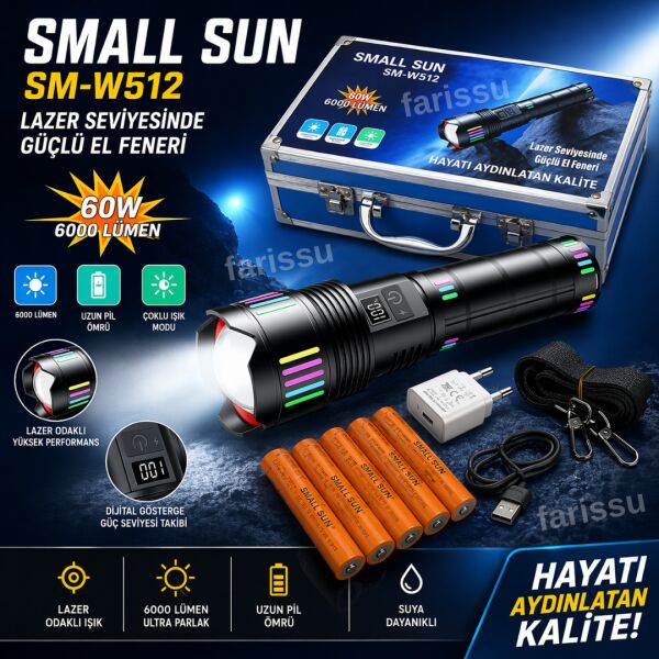 60W 6000 Lümen Şarjlı El Feneri - 2 KM Menzilli, 19200 mAh Dev Pil Kapasitesi, Zoom Özellikli Lazer Odaklı