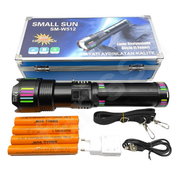 60W 6000 Lümen Şarjlı El Feneri - 2 KM Menzilli, 19200 mAh Dev Pil Kapasitesi, Zoom Özellikli Lazer Odaklı