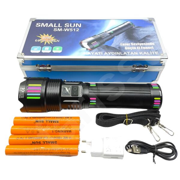 60W 6000 Lümen Şarjlı El Feneri - 2 KM Menzilli, 19200 mAh Dev Pil Kapasitesi, Zoom Özellikli Lazer Odaklı