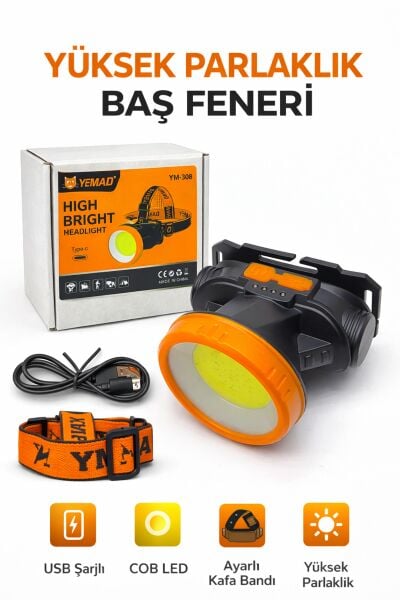 Yemad YM-308 Şarjlı COB LED Baş Feneri - 91gr Ultra Hafif, 4 Modlu Kırmızı Işıklı Kamp ve Avcı Feneri
