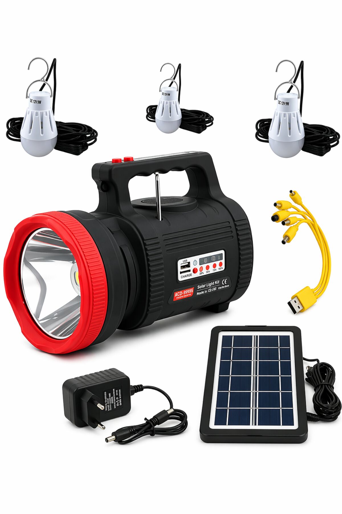 Gold Silver GS-540 Solar Aydınlatma Seti - 20W Güneş Enerjili Şarjlı Fener, Bluetooth, Radyo, MP3 + 3 Ampul