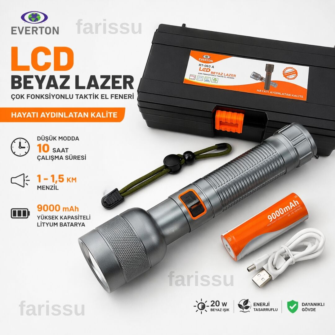 Everton RT-063 A 30W Beyaz Lazer Şarjlı Taktik El Feneri - 2000 Lümen - 9000 mAh