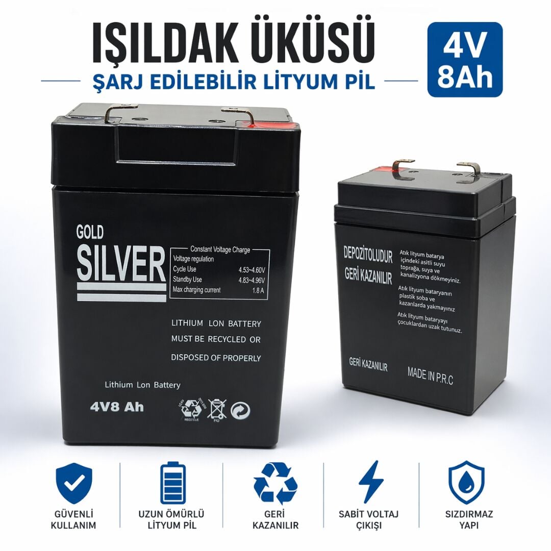 Gold Silver 4V 8Ah Lithium Ion Işıldak Aküsü - Yedek Batarya