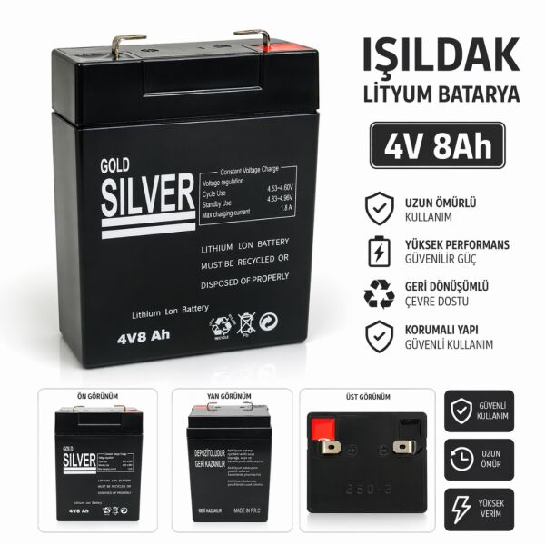 Gold Silver 4V 8Ah Lithium Ion Işıldak Aküsü - Yedek Batarya