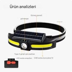 Solar Şarjlı Su Geçirmez Kafa Feneri - USB Şarjlı, 14500 Pil, Çift Işık Kaynağı or-921