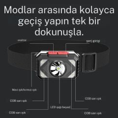 su geçirmez 7 farklı ışık moduna sahip 800 mah lityum pilli kafa  feneri