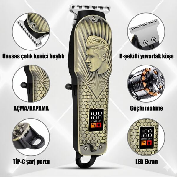 Dearling RF-1874 Profesyonel Dijital Ekranlı Şarjlı Saç Sakal Kesme ve Ense Tıraş Makinesi - T-Bıçak Tasarım