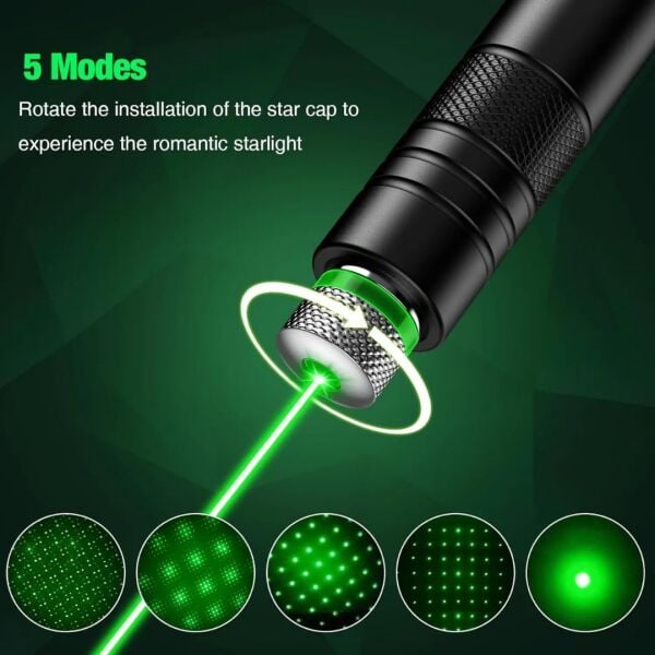 Profesyonel Yeşil Lazer Pointer - 10 KM Menzilli, USB Şarjlı, 5 Modlu Astronomi ve Kamp Lazeri