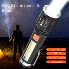 6000 lümen zomlu flaşörlü 4 farklı ışık şiddetine sahip ful metal tasarım el feneri