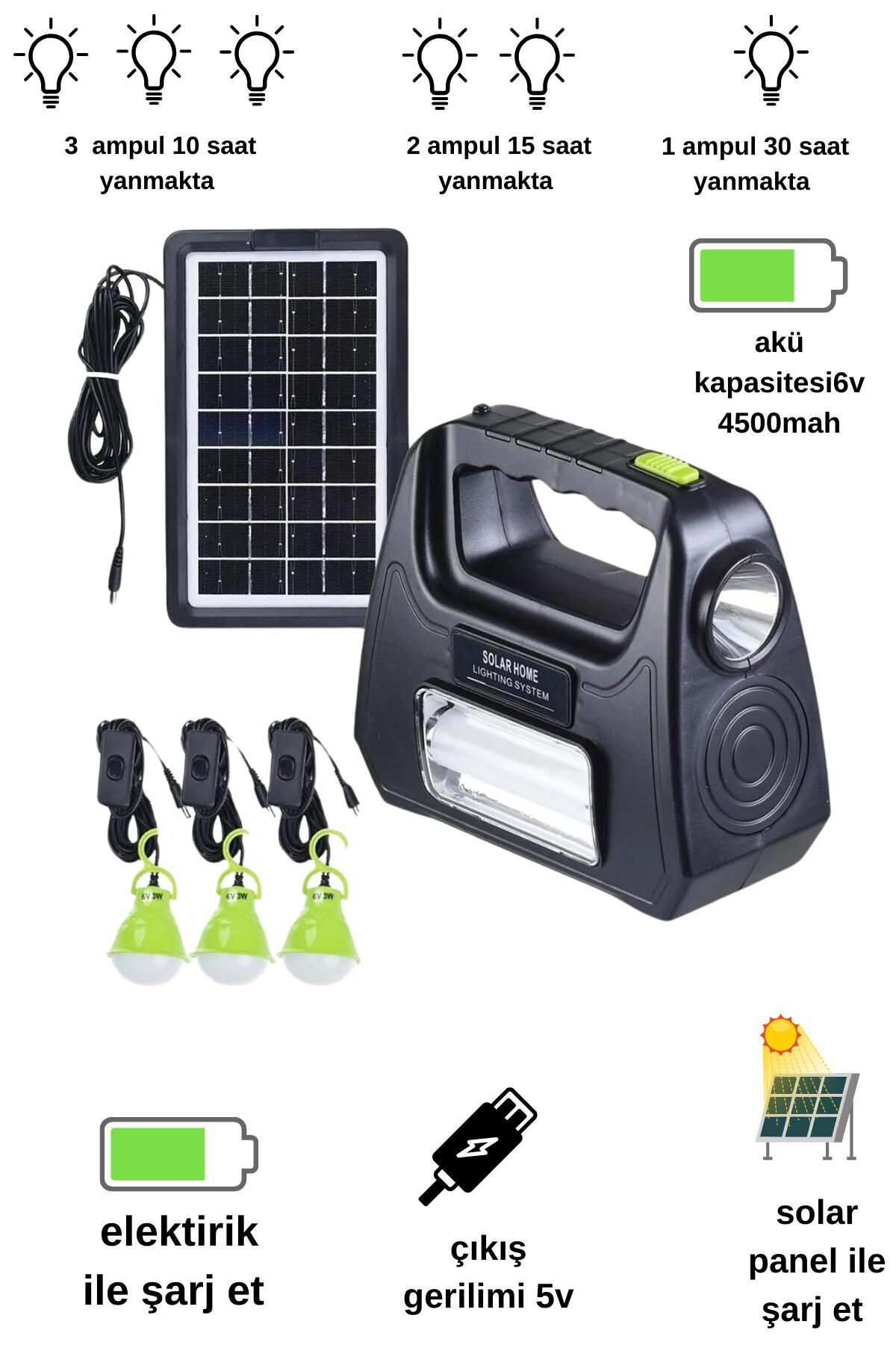 3 ampullü solar panelli güneş enerjili aydınlatma acil durum ve deprem feneri kiti