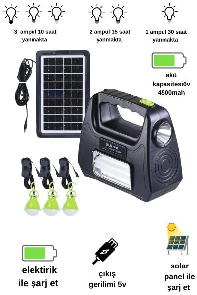 3 ampullü solar panelli güneş enerjili aydınlatma acil durum ve deprem feneri kiti