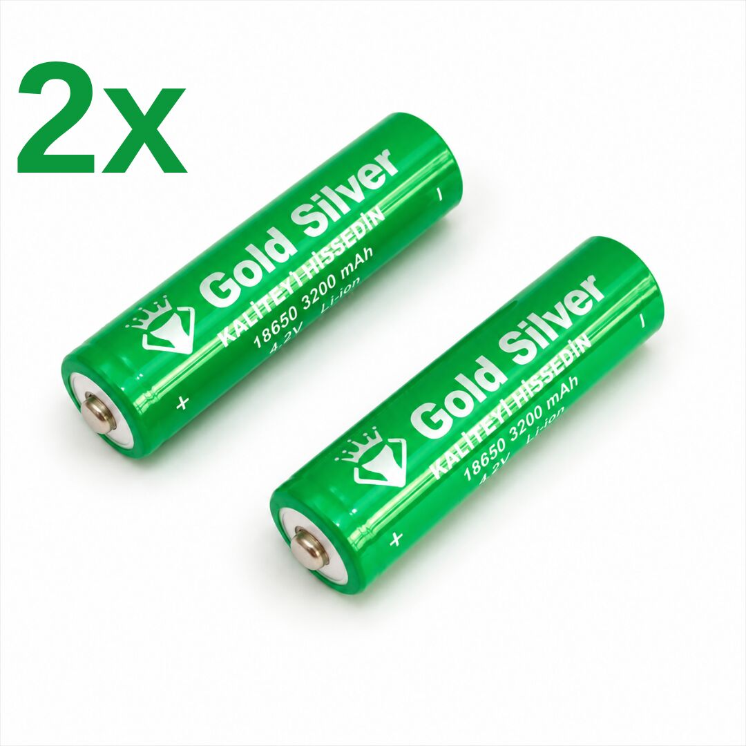 Gold Silver 18650 El Feneri ve Kafa Lambası İçin Şarj Edilebilir Li-ion Pil - 3200 mAh 4.2V (2 Adet)