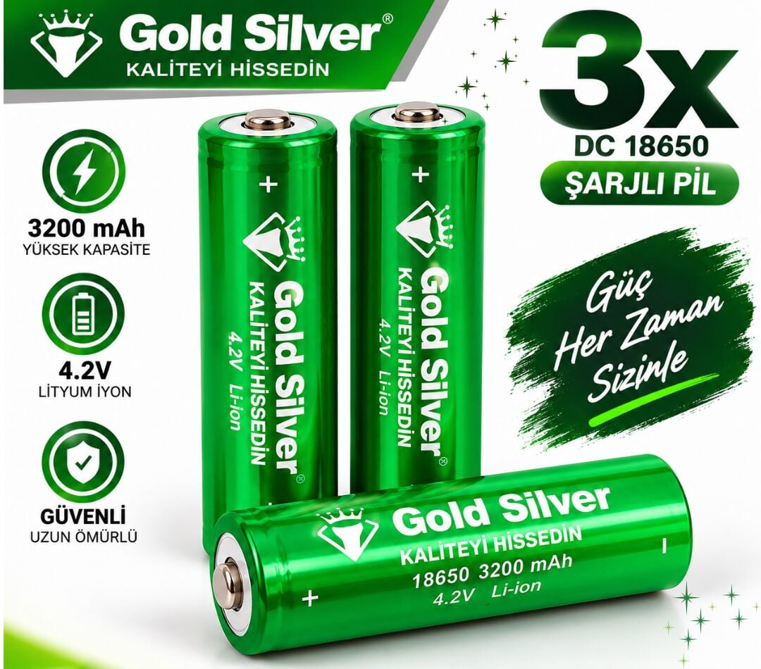 Gold Silver 18650 El Feneri ve Kafa Lambası İçin Şarj Edilebilir Li-ion Pil - 3200 mAh 4.2V (3 Adet)