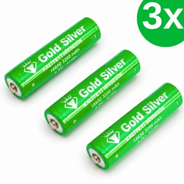 Gold Silver 18650 El Feneri ve Kafa Lambası İçin Şarj Edilebilir Li-ion Pil - 3200 mAh 4.2V (3 Adet)