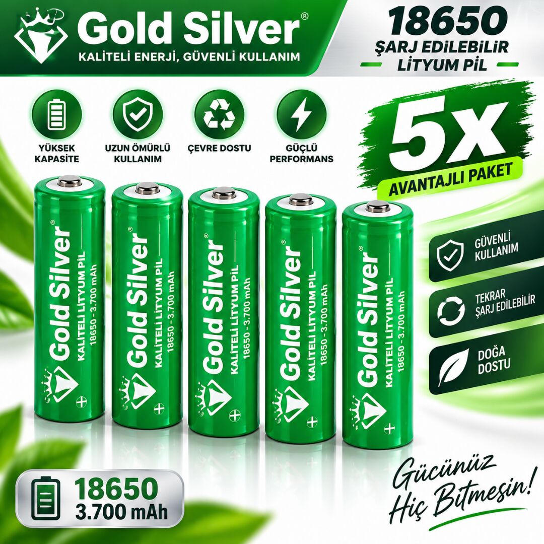 Gold Silver 18650 El Feneri ve Kafa Lambası İçin Şarj Edilebilir Li-ion Pil - 3200 mAh 4.2V (5 Adet)