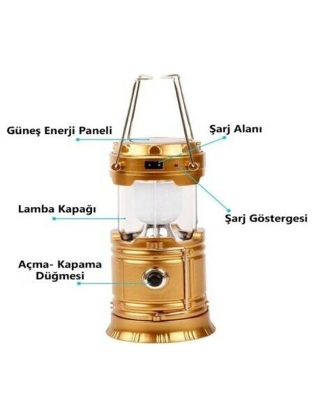 Fun Şarjlı Kamp Lambası Güneş Enerjili Kamp Feneri LED Lamba Fanus Işıldak Sarı