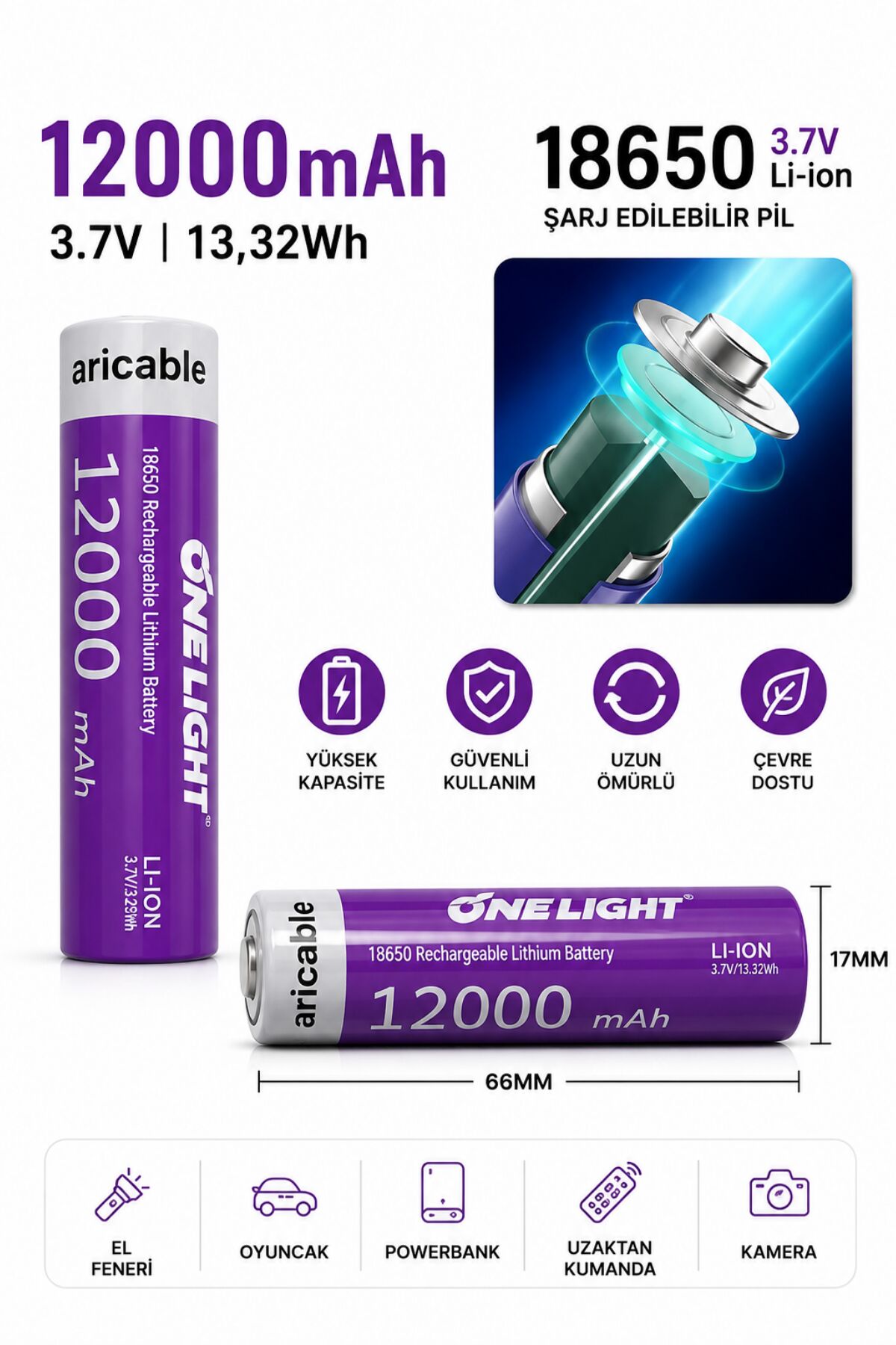 18650 Şarjlı Li-ion Pil 3.7V 12000mAh Yazılı 39 Gram Güçlü Batarya