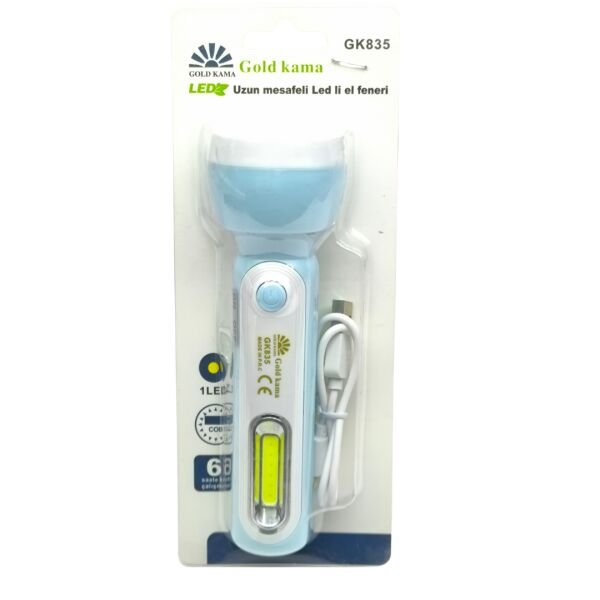 Gold Ka ma GK835 Şarj Edilebilir 2 Modlu LED El Feneri - 1 Ön Spot LED + 1 Yan COB LED Işıklı Kamp ve Ev Feneri (15 cm)