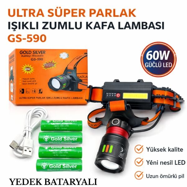 Gold Silver GS-590 60W 6000 Lümen Ultra Güçlü Zumlu Şarjlı Kafa Lambası Yedek Bataryalı
