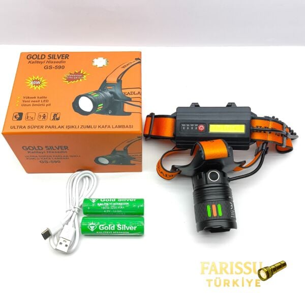 Gold Silver GS-590 60W 6000 Lümen Ultra Güçlü Zumlu Şarjlı Kafa Lambası Yedek Bataryalı