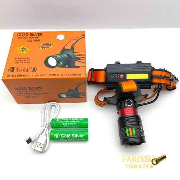Gold Silver GS-590 60W 6000 Lümen Ultra Güçlü Zumlu Şarjlı Kafa Lambası Yedek Bataryalı