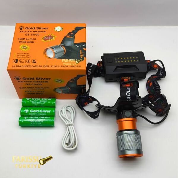 Gold Silver GS-15500 Ultra Güçlü 4000 Lümen Zoomlu Kafa Lambası Yedek Pilli Profesyonel Set